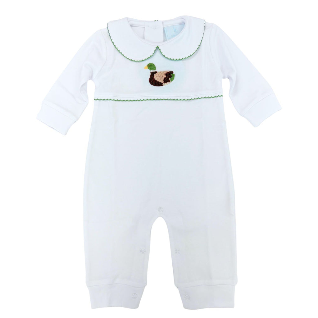 Little English classic children's clothing. White knit playsuit with peter pan collar, green picot trim and crochet mallard at the center chest for baby boy