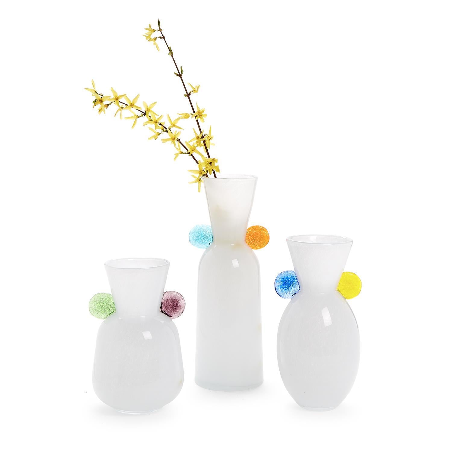 White Art Glass Vase with Colored Accents, Set of 3