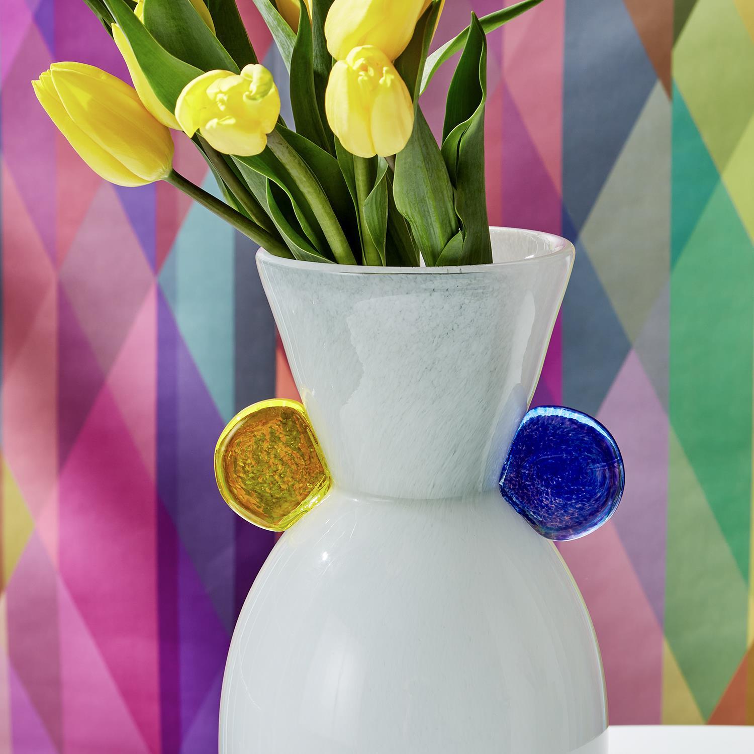 White Art Glass Vase with Colored Accents, Set of 3