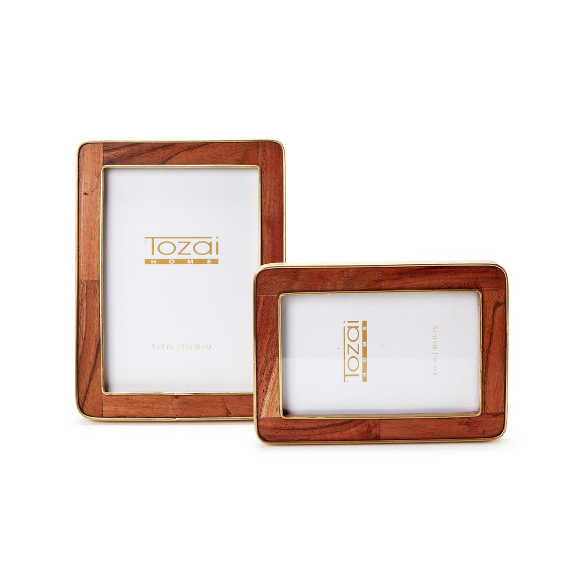 Wood Rounded Edge with Brass Photo Frames, Set of 2