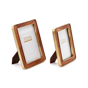 Wood Rounded Edge with Brass Photo Frames, Set of 2