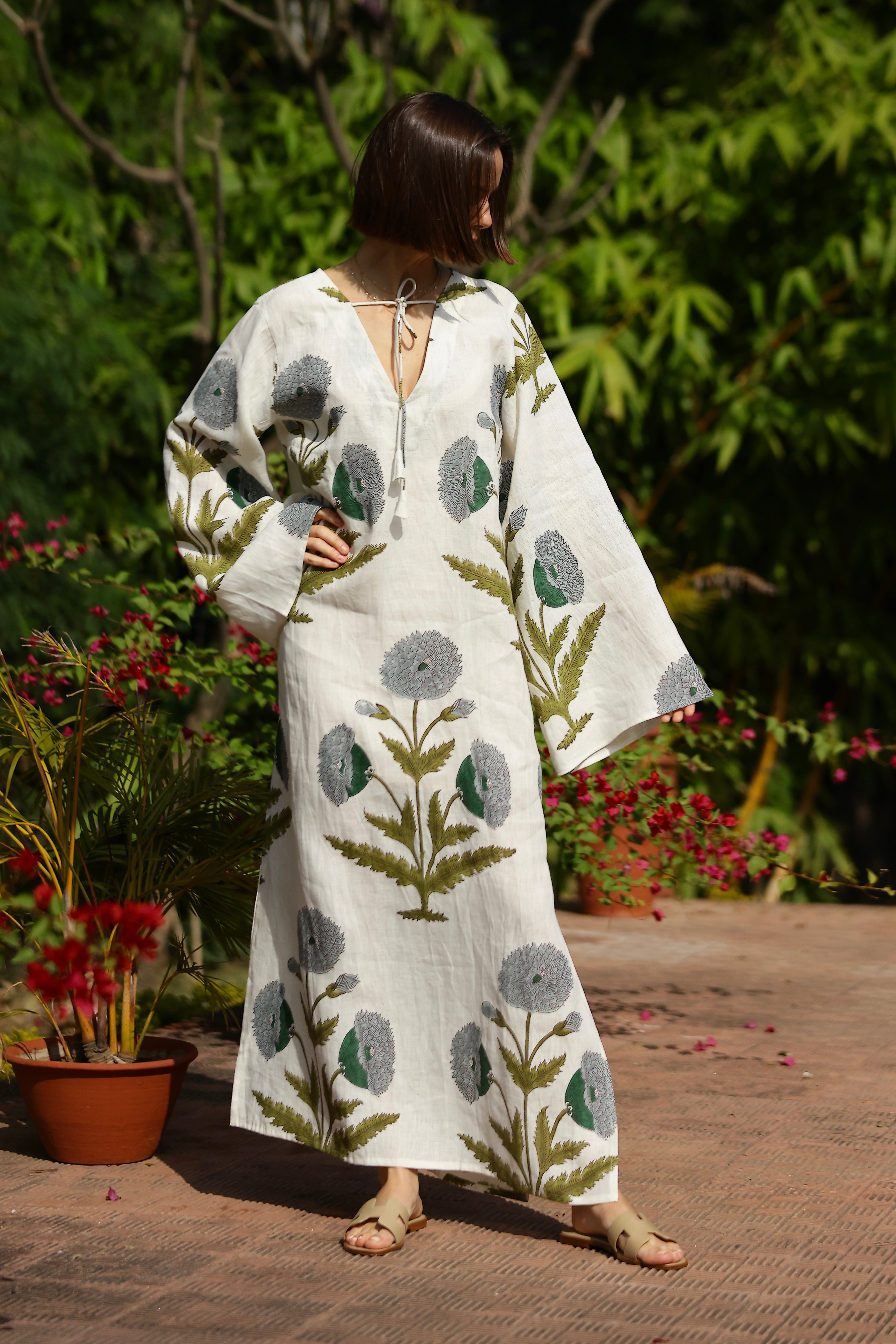 Doha Kaftan in Blue & Green Flower