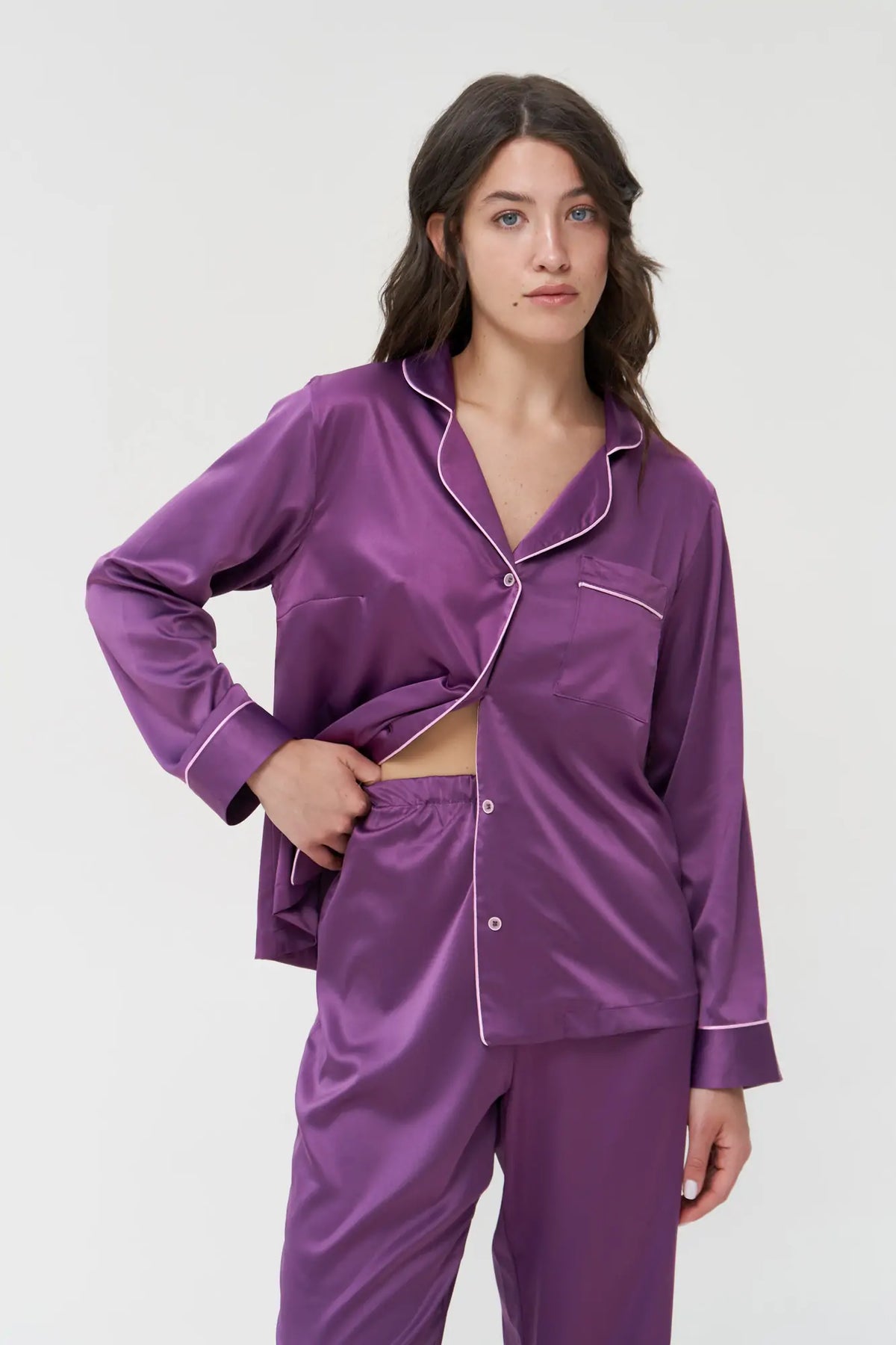 Long Silky Satin Button Up Pajamas