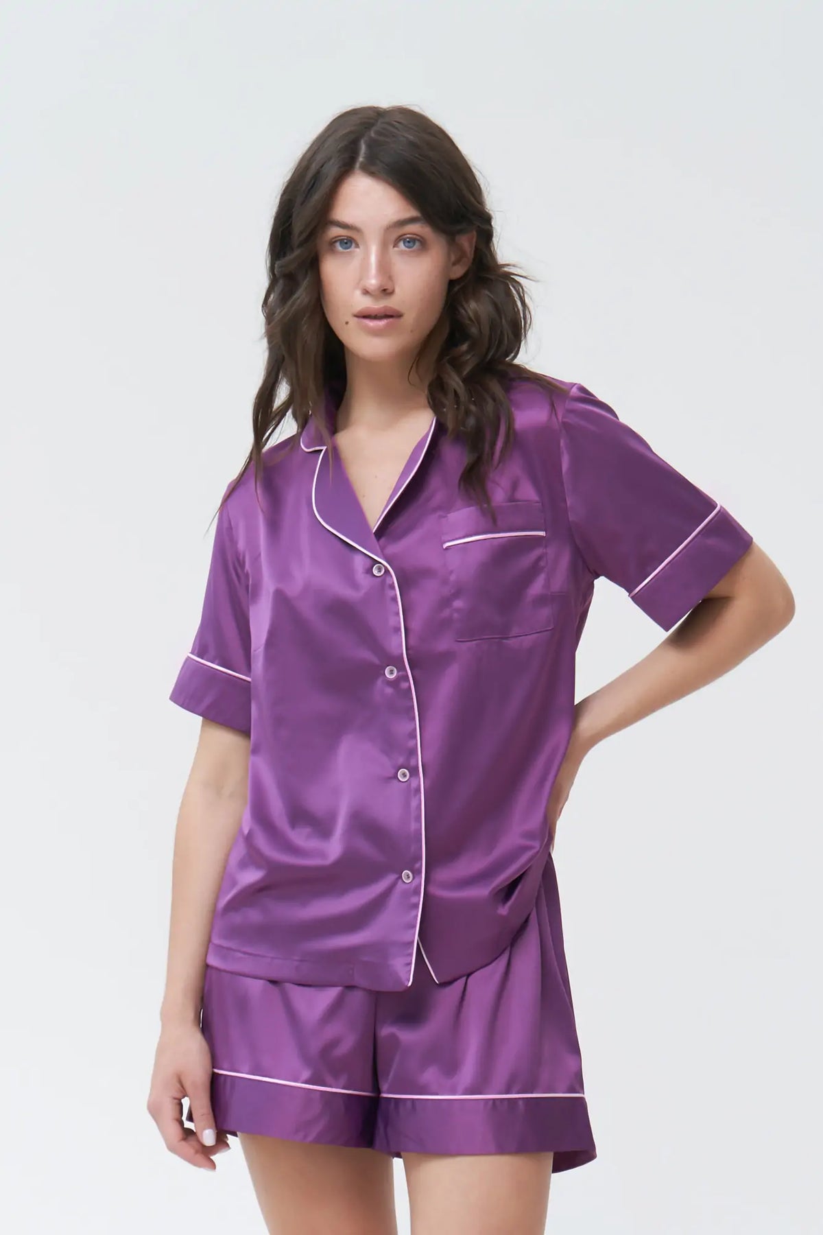 Short Silky Satin Button Up Pajamas