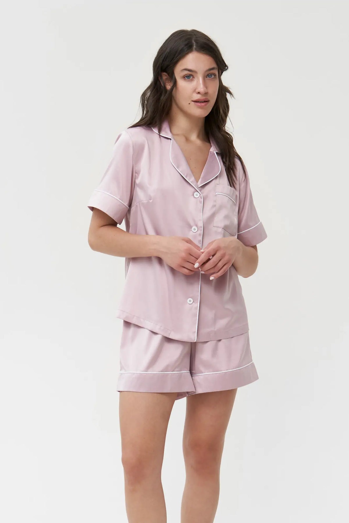 Short Silky Satin Button Up Pajamas