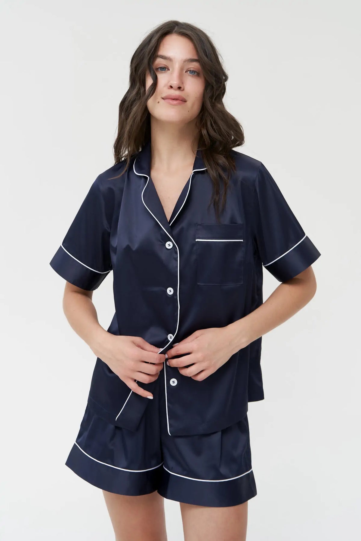 Short Silky Satin Button Up Pajamas