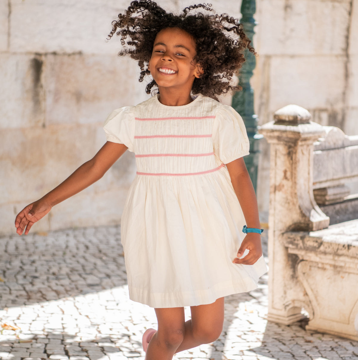 Girls Cream Smocked Puff Sleeve Dress