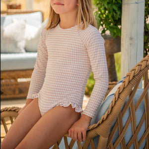 Girls Brown Crinkle Gingham Rashguard One Piece