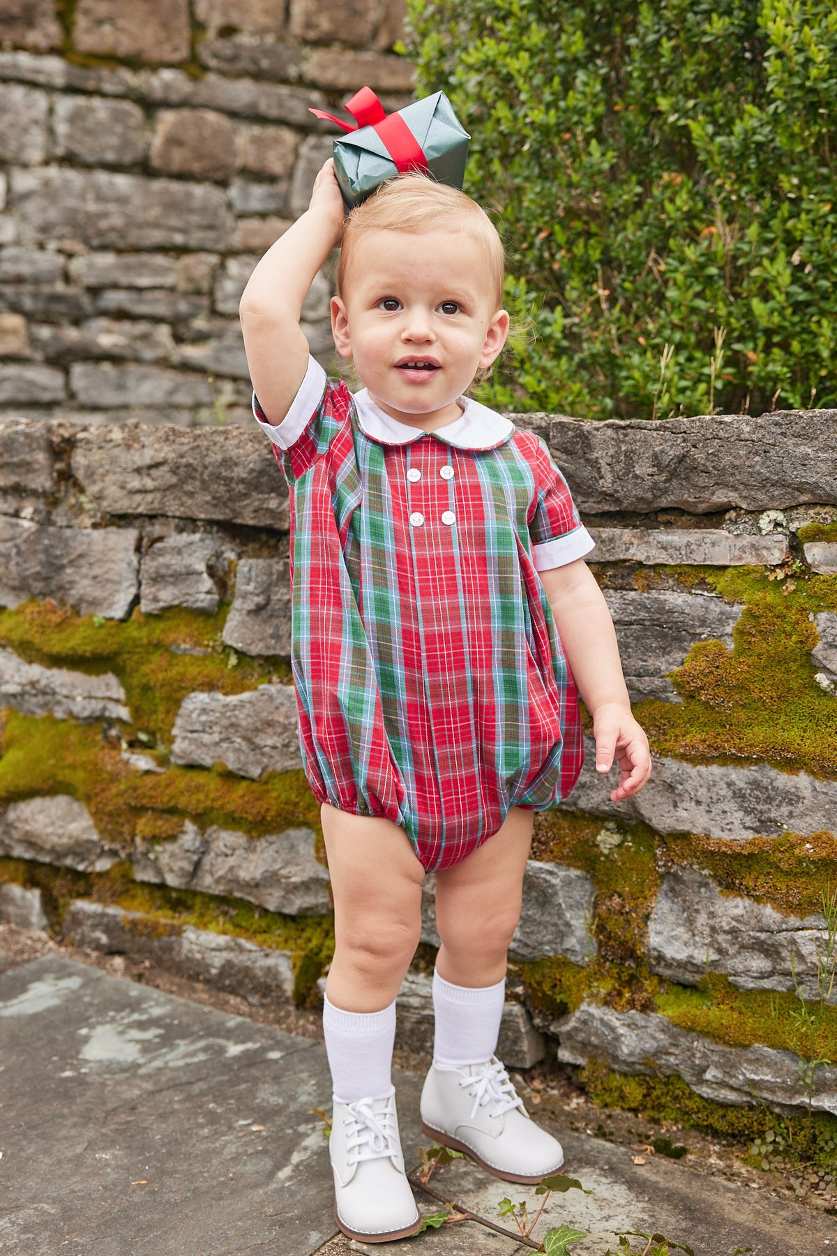 Little English traditional clothing, davant bubble in red, green, and blue highlands tartan pattern with buttons on chest for baby boy 