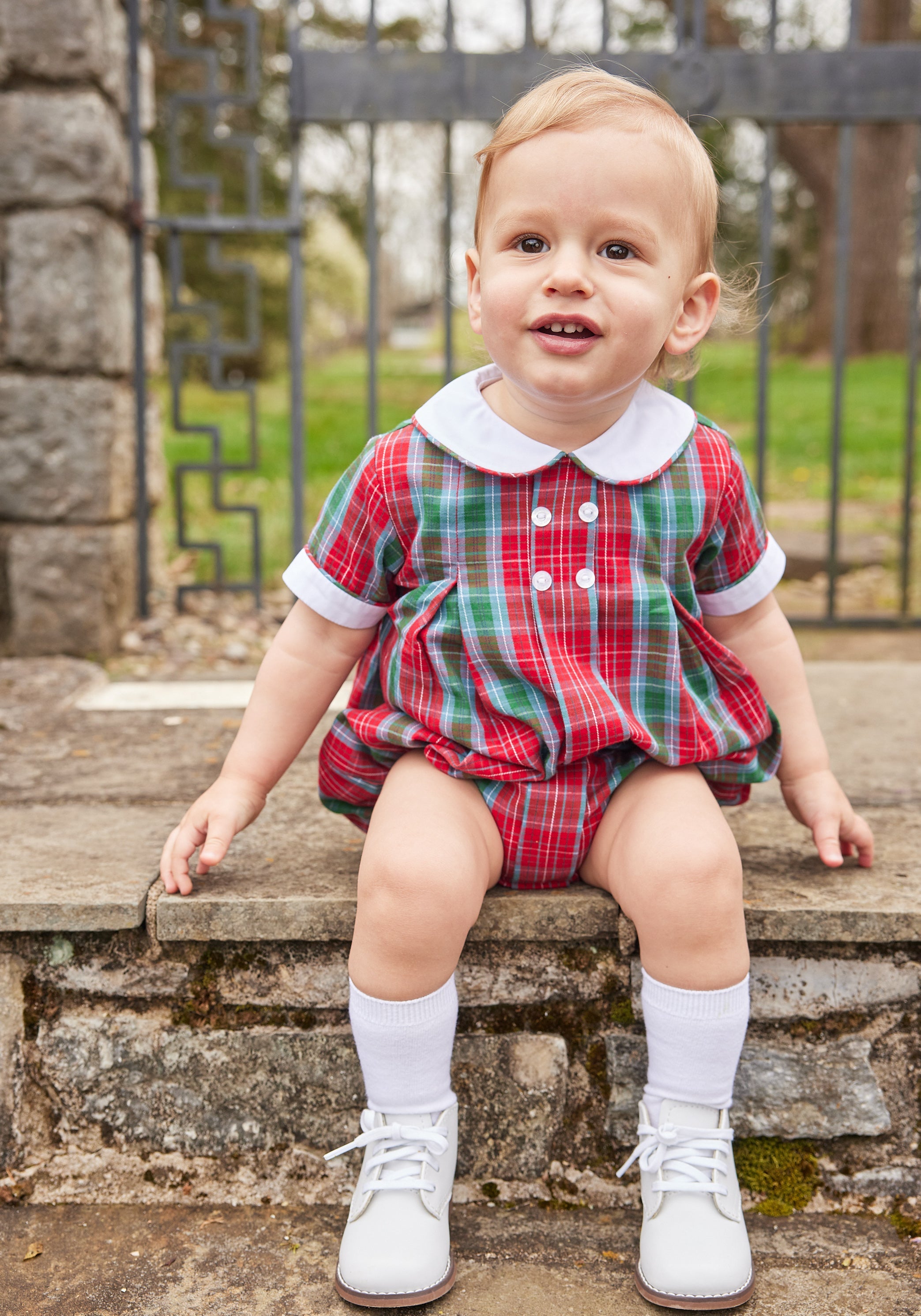 Little English traditional clothing, davant bubble in red, green, and blue highlands tartan pattern with buttons on chest for baby boy 