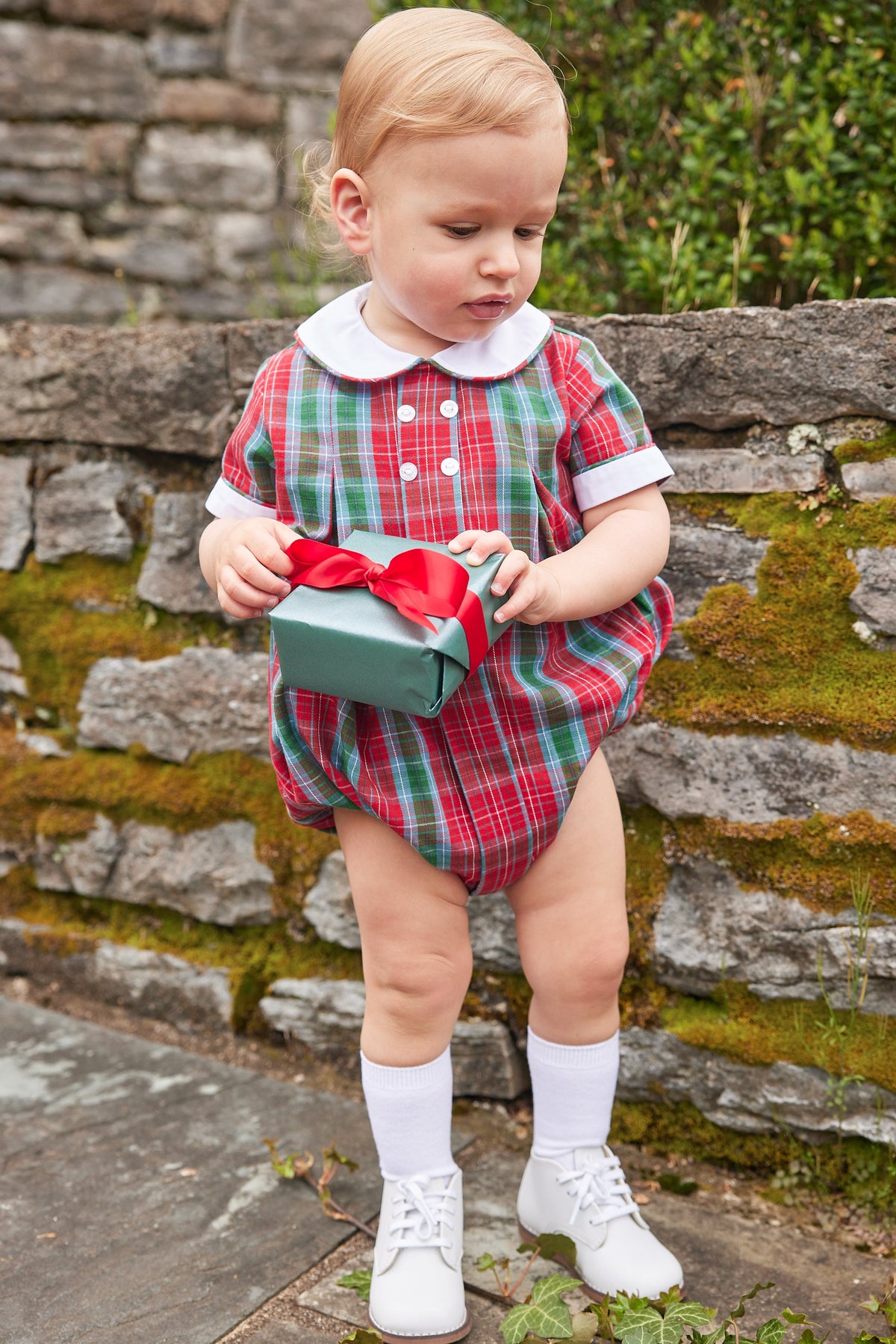 Little English traditional clothing, davant bubble in red, green, and blue highlands tartan pattern with buttons on chest for baby boy 