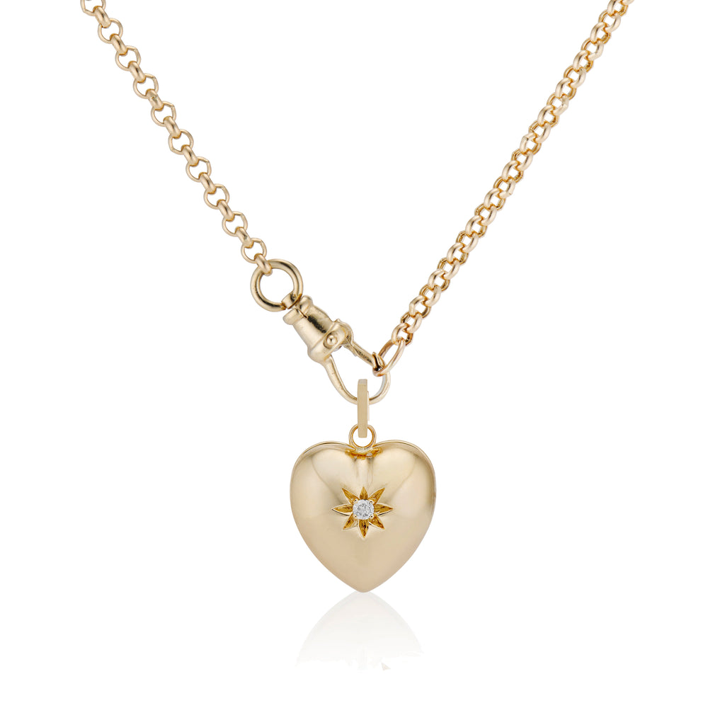 Diamond Star Heart Locket and Small Belcher Chain with Dog Clip Clasp