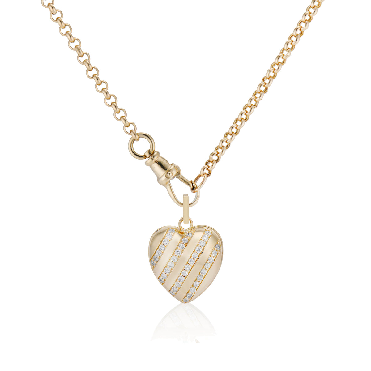 Diamond Heart Stripe Locket and Small Belcher Chain with Dog Clip Clasp