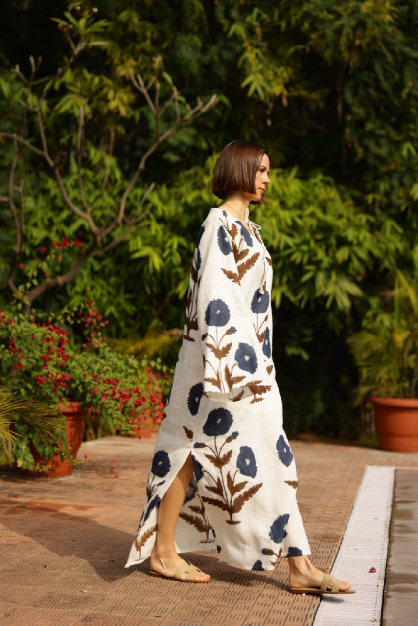 Doha Caftan in Khaki & Navy Flower