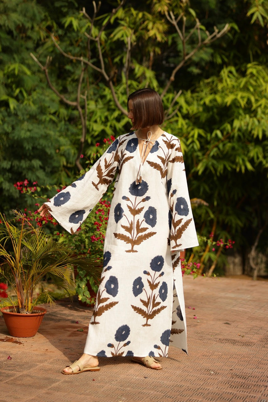 Doha Kaftan in Khaki & Navy Flower