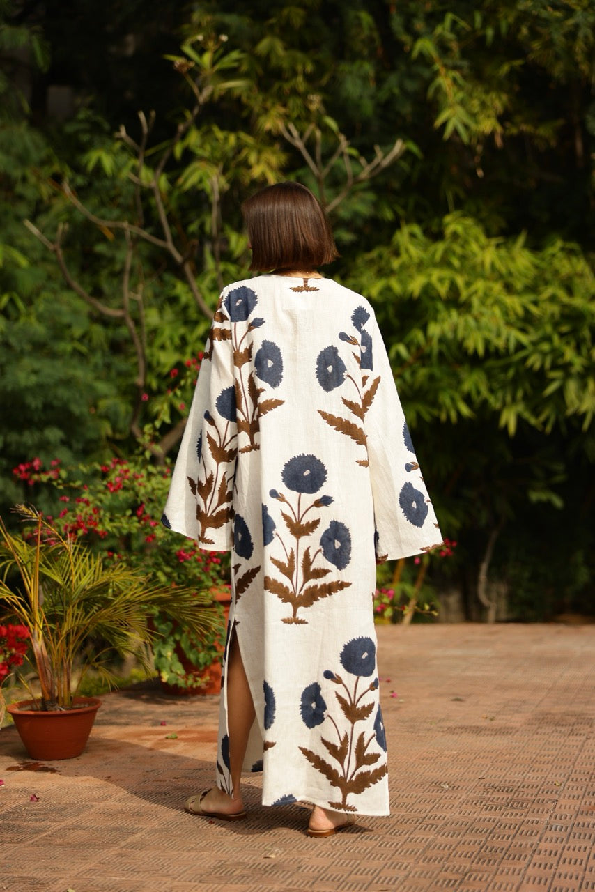 Doha Caftan in Khaki & Navy Flower