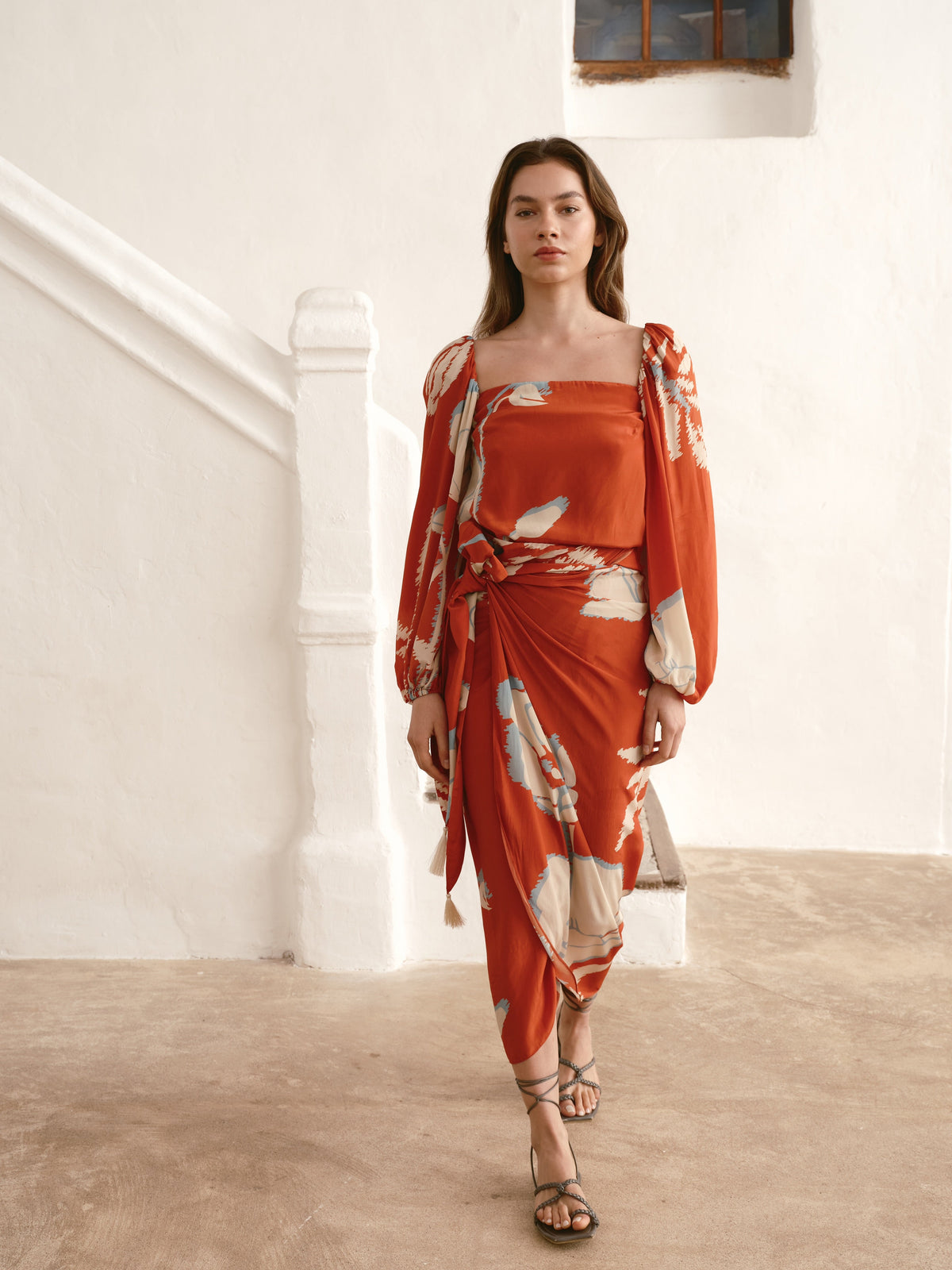 Mapara Crepe Chine Skirt in Orange Gladiolos