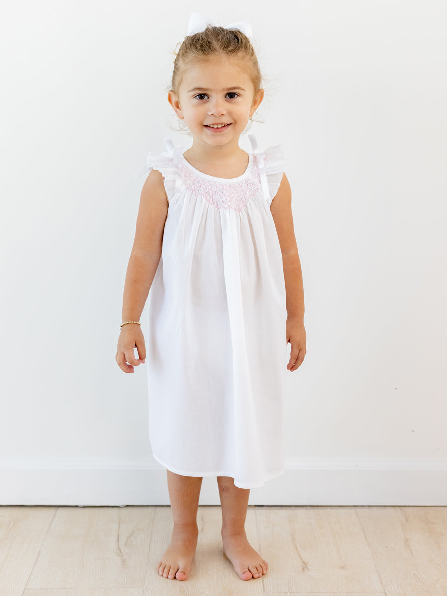 Mathilde White Cotton Dress with Pink Smocking for Little Girls