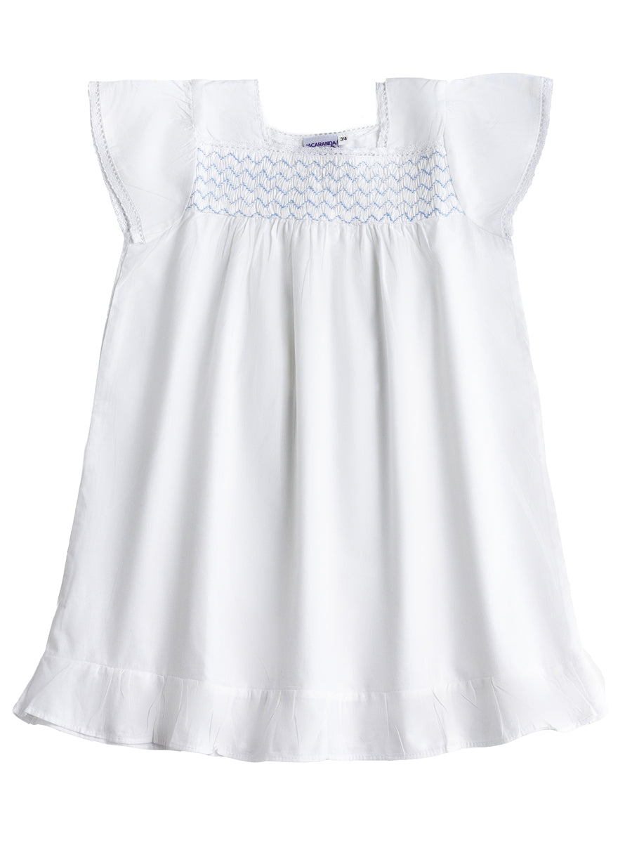 Amelia White Cotton Short Sleeve Dress with Blue Smocking