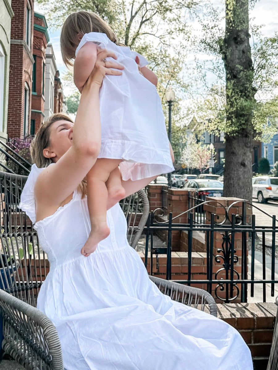 Amelia White Cotton Short Sleeve Dress with Blue Smocking