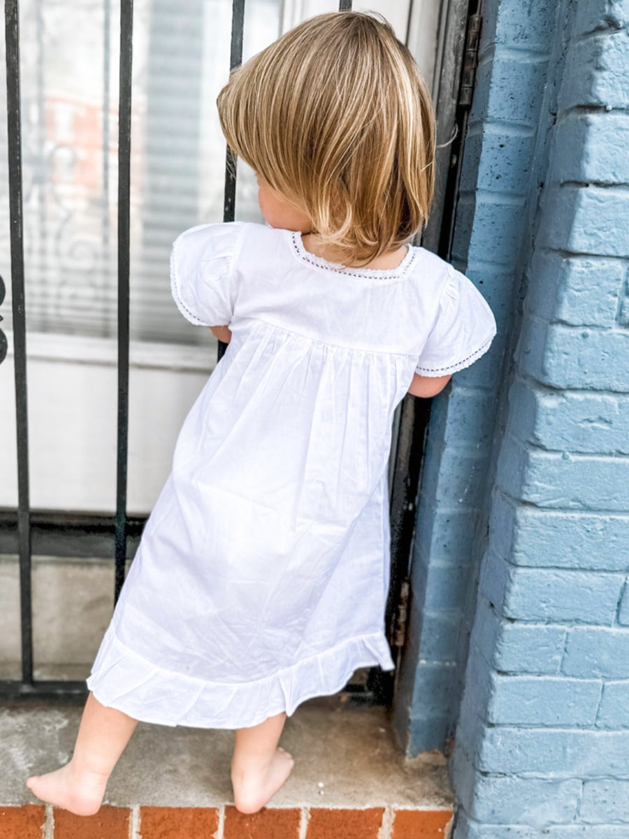 Amelia White Cotton Short Sleeve Dress with Blue Smocking