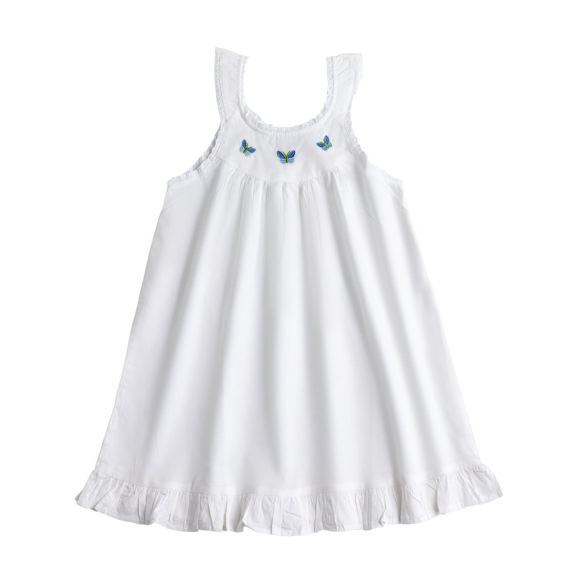 Zoe White Cotton Dress with Blue Butterfly Embroidery