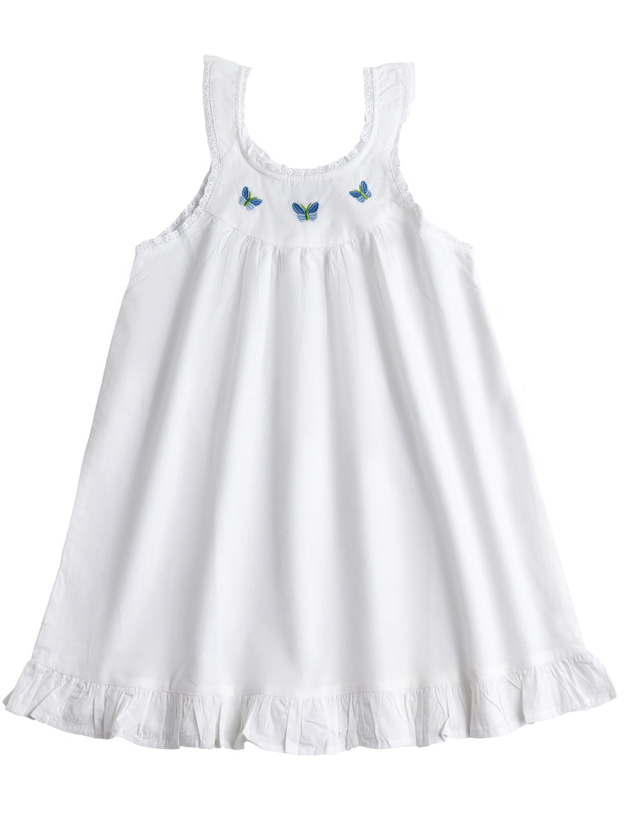 Zoe White Cotton Dress with Blue Butterfly Embroidery