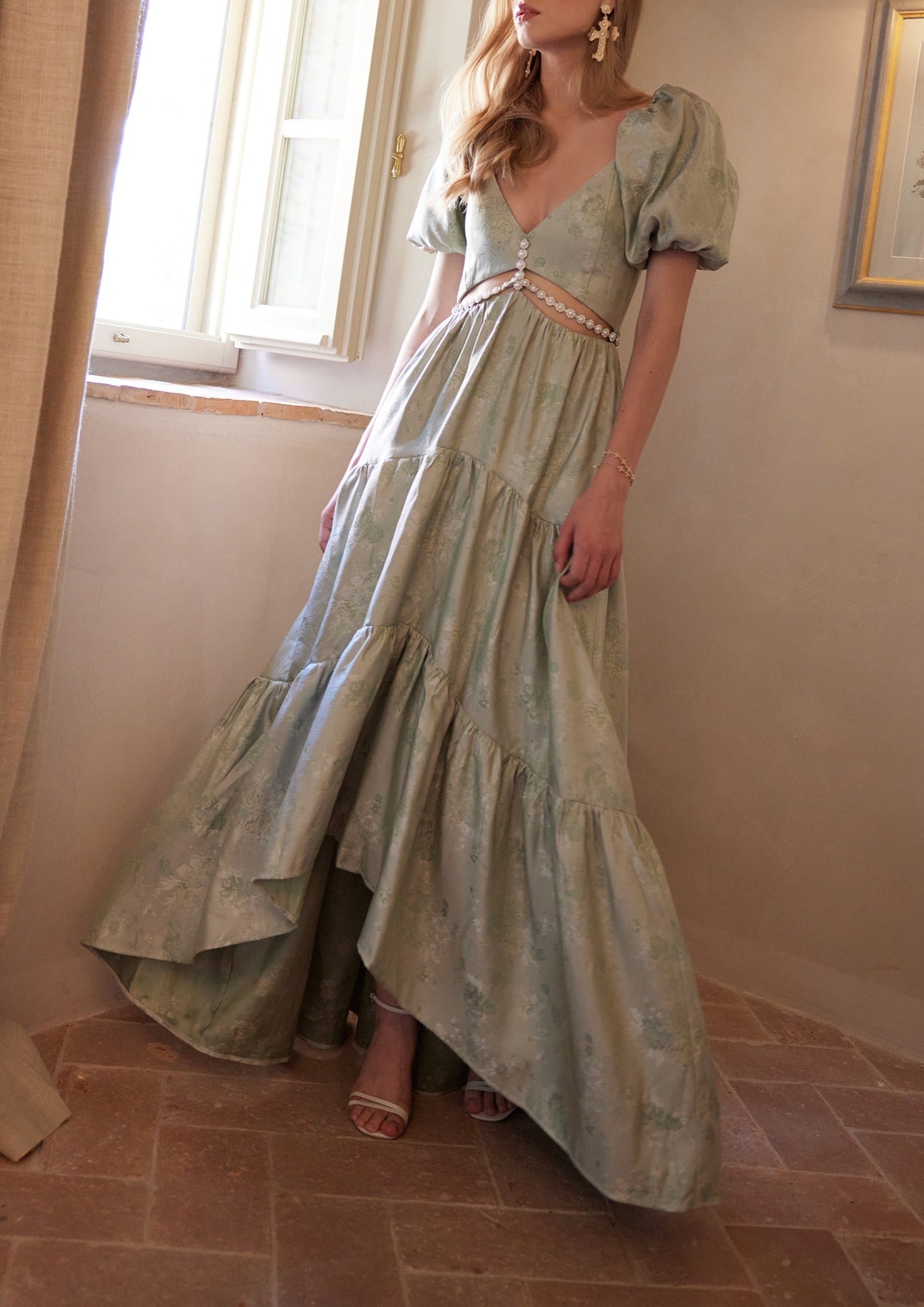 The Emma Dress in Sage Windsor Brocade