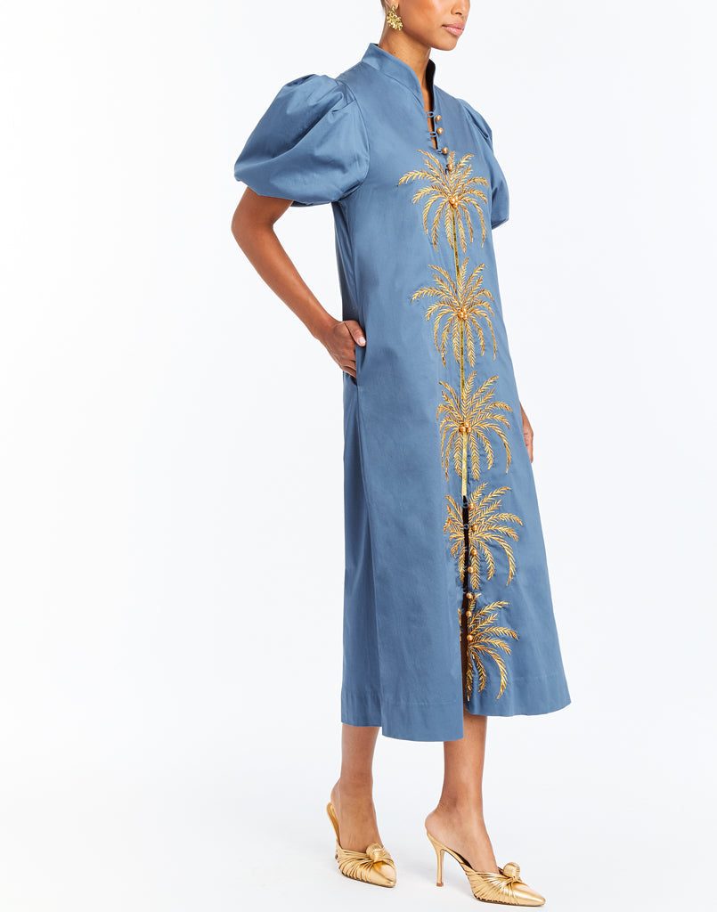 Elliana Barong Midi Dress in French Blue/Gold