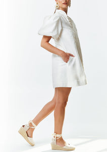 Modern barong mini dress with mandarin collar, pearlized buttons, embroidery and pockets