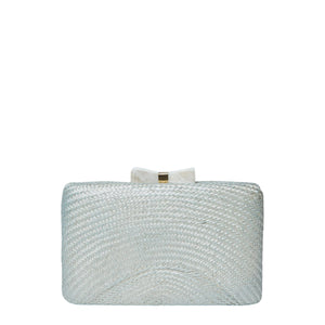 Eloise Bow Straw Clutch Bag in Silver Blue