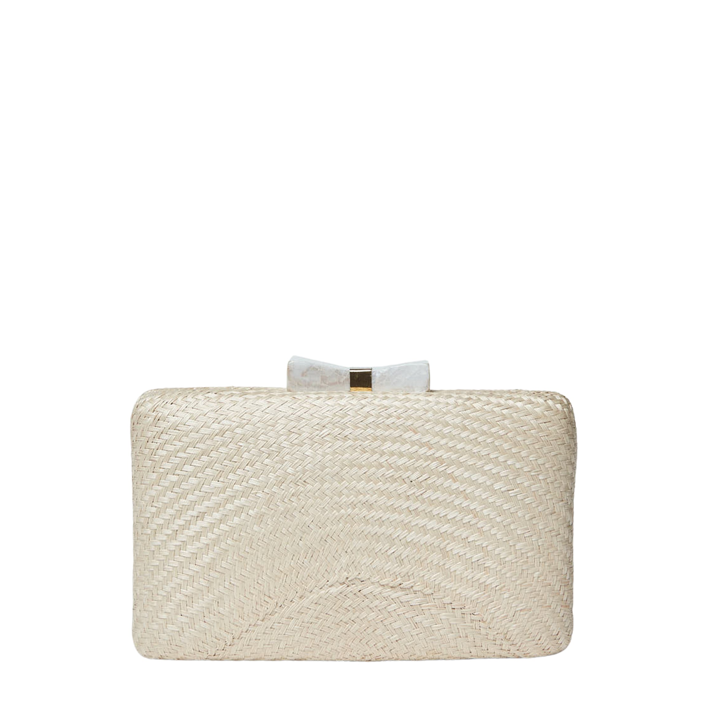 Eloise Bow Straw Clutch Bag in White