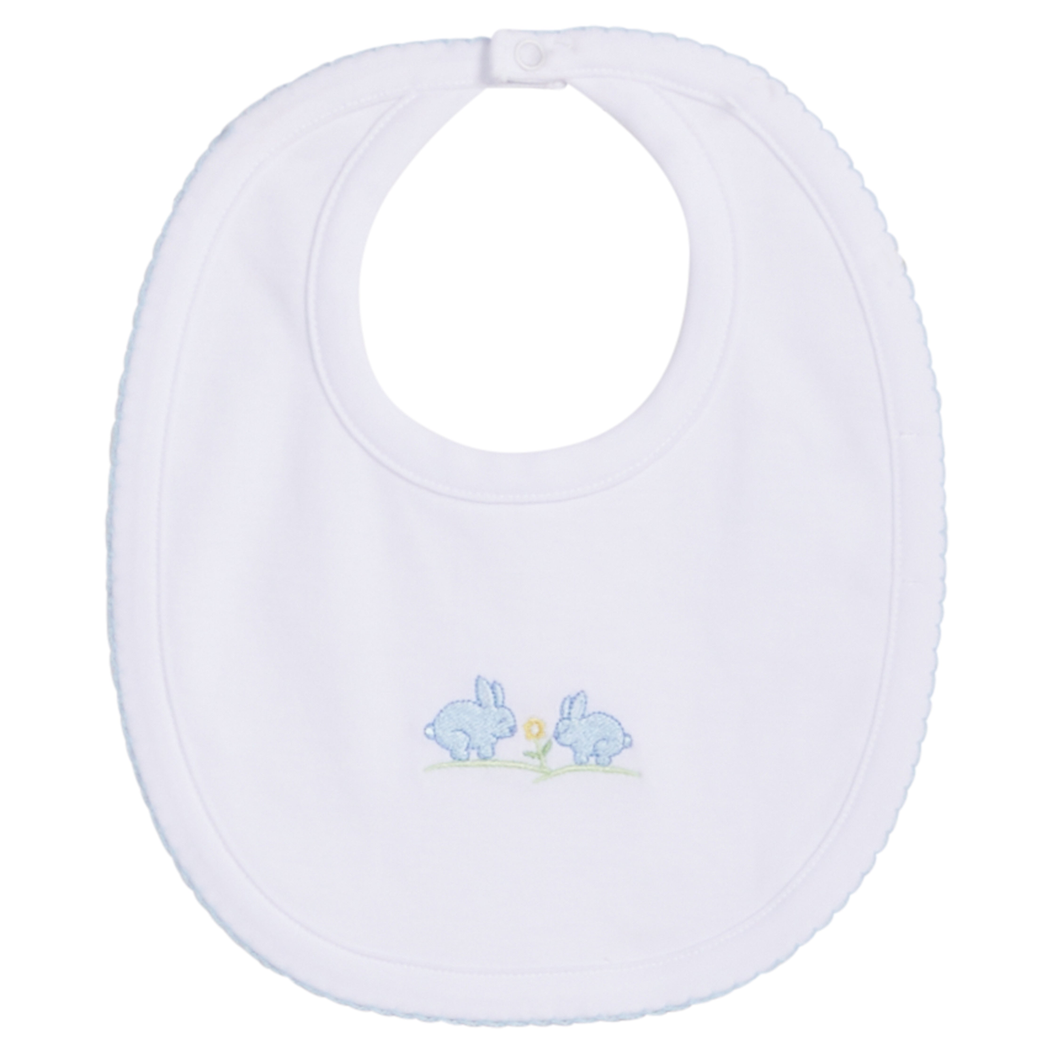 Little English traditional children's clothing. Embroidered bib with blue bunnies for baby boy