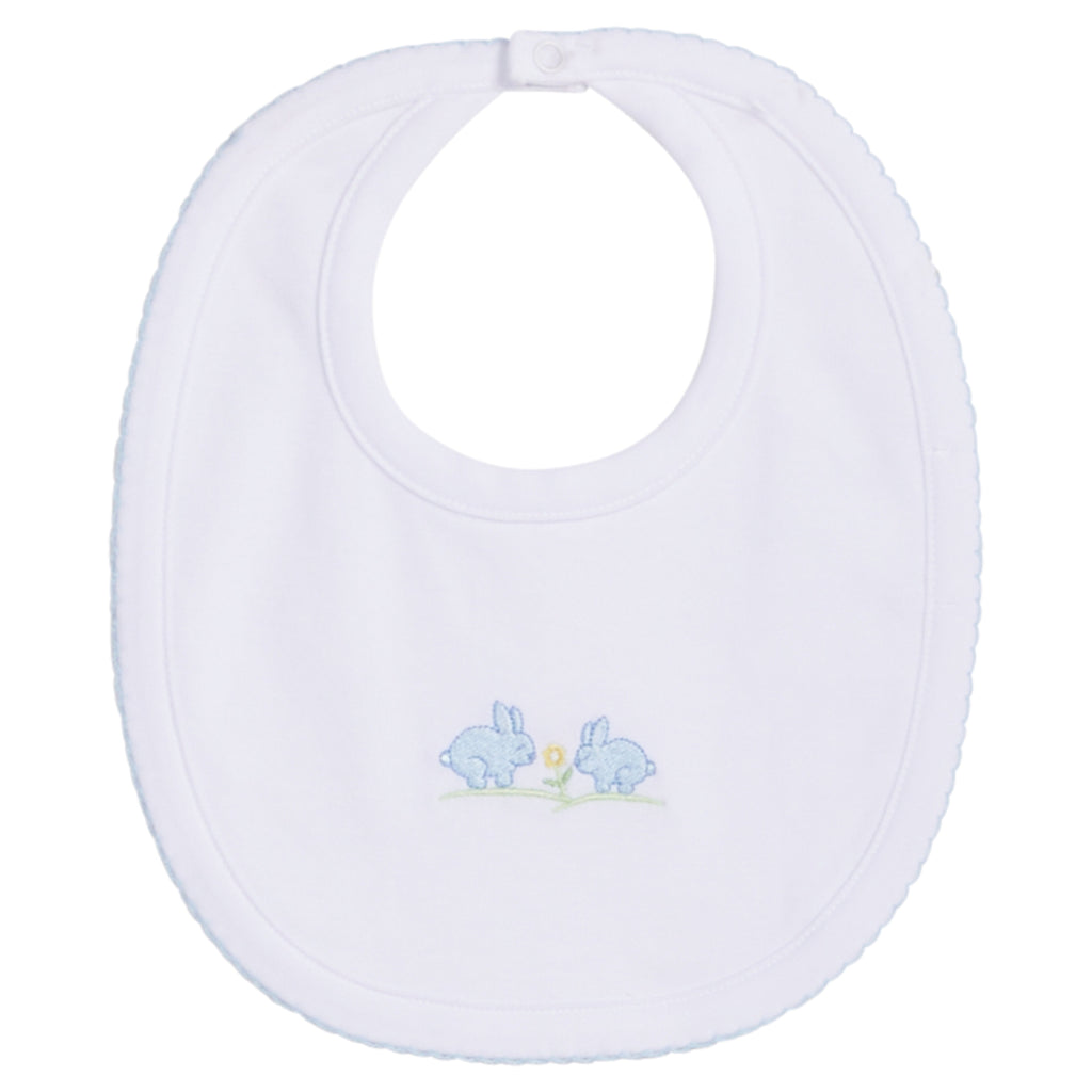 Little English traditional children's clothing. Embroidered bib with blue bunnies for baby boy