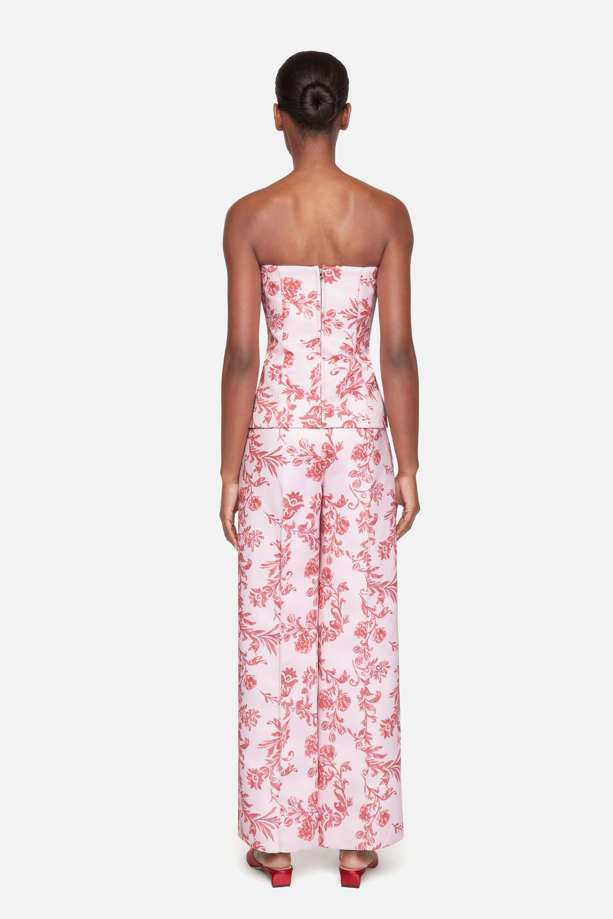 Daffy Trousers In Pink Floral Damask Taffeta Faille model full length | Emilia Wickstead