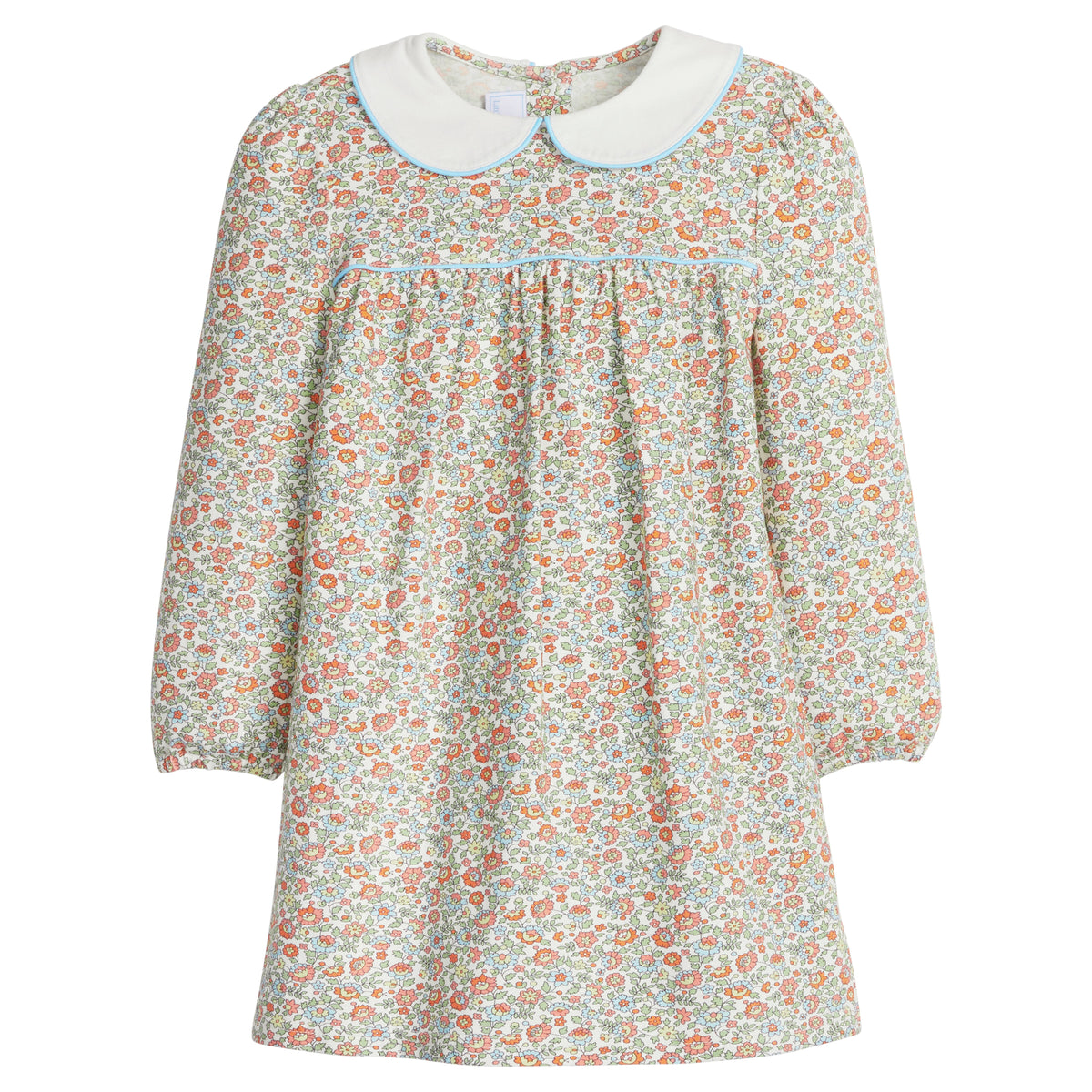little english classic children's clothing girls orange, green, and light blue floral long sleeve dress with light blue piping and peter pan collar for fall 