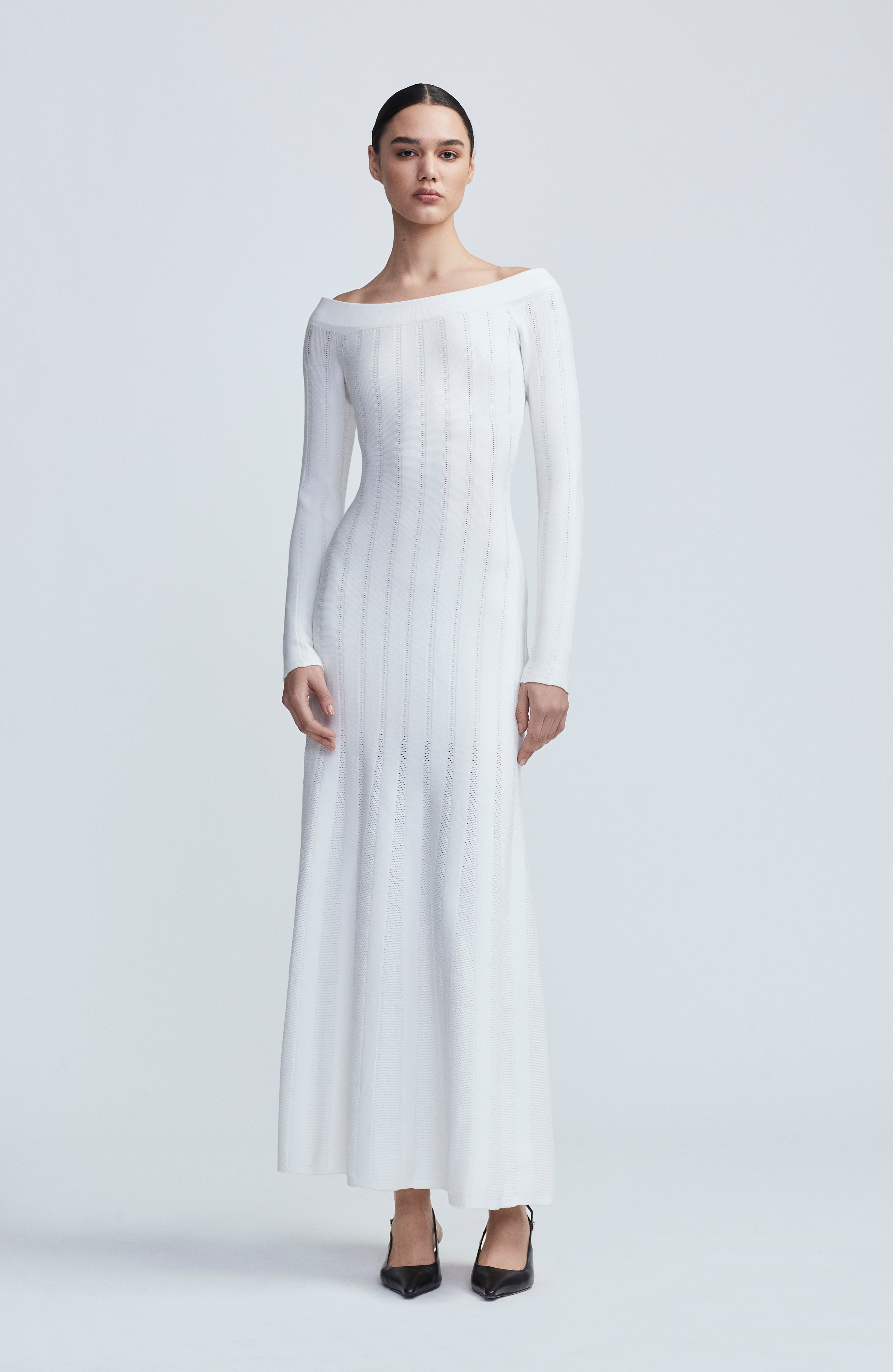 Pointelle Knit Godet Dress in Ivory