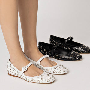 Blair Ballet Flat In White Leather and Metallic Studs