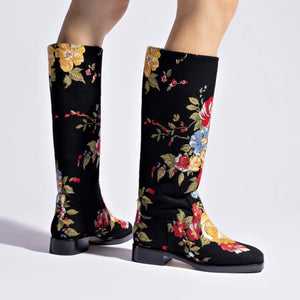 Larroudé x Markarian Flat Boot In Black Wool and Floral Embroidery