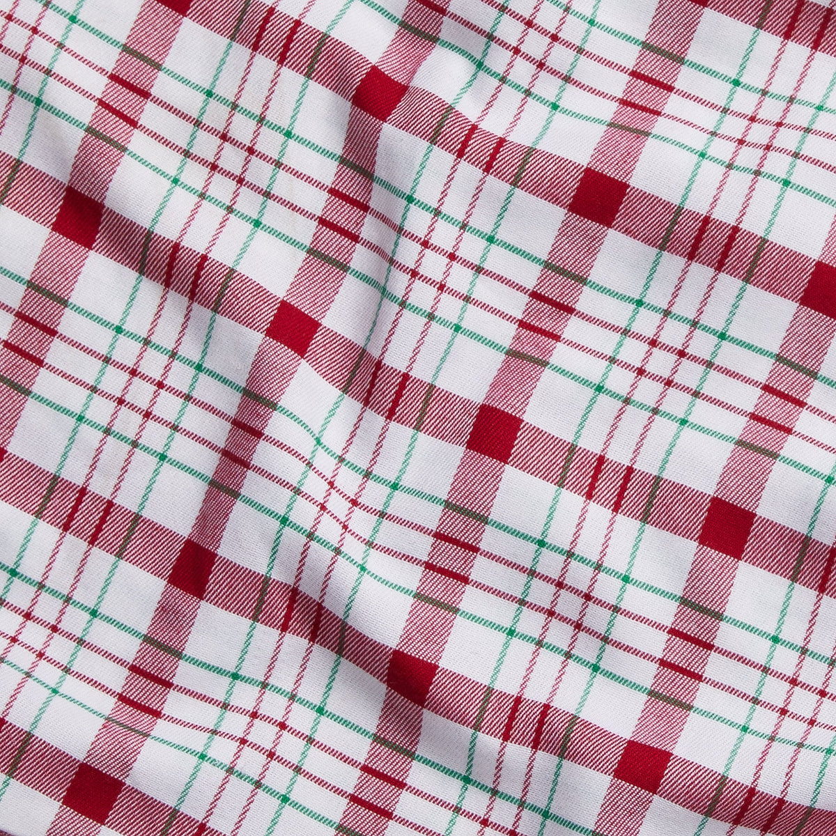 Little English red green and white pajama Holiday Plaid fabric swatch closeup example 