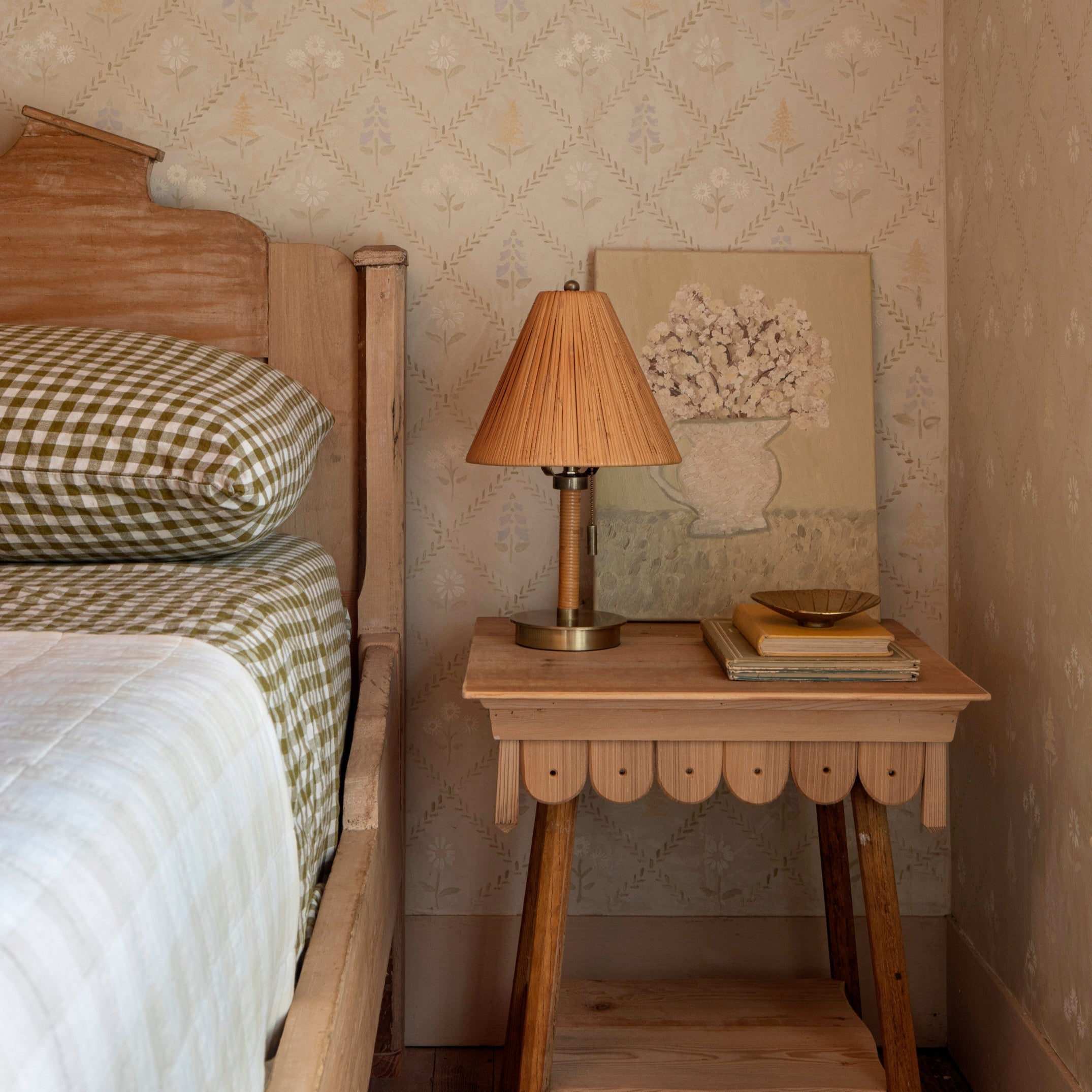 mini table lamp on side table next to bed