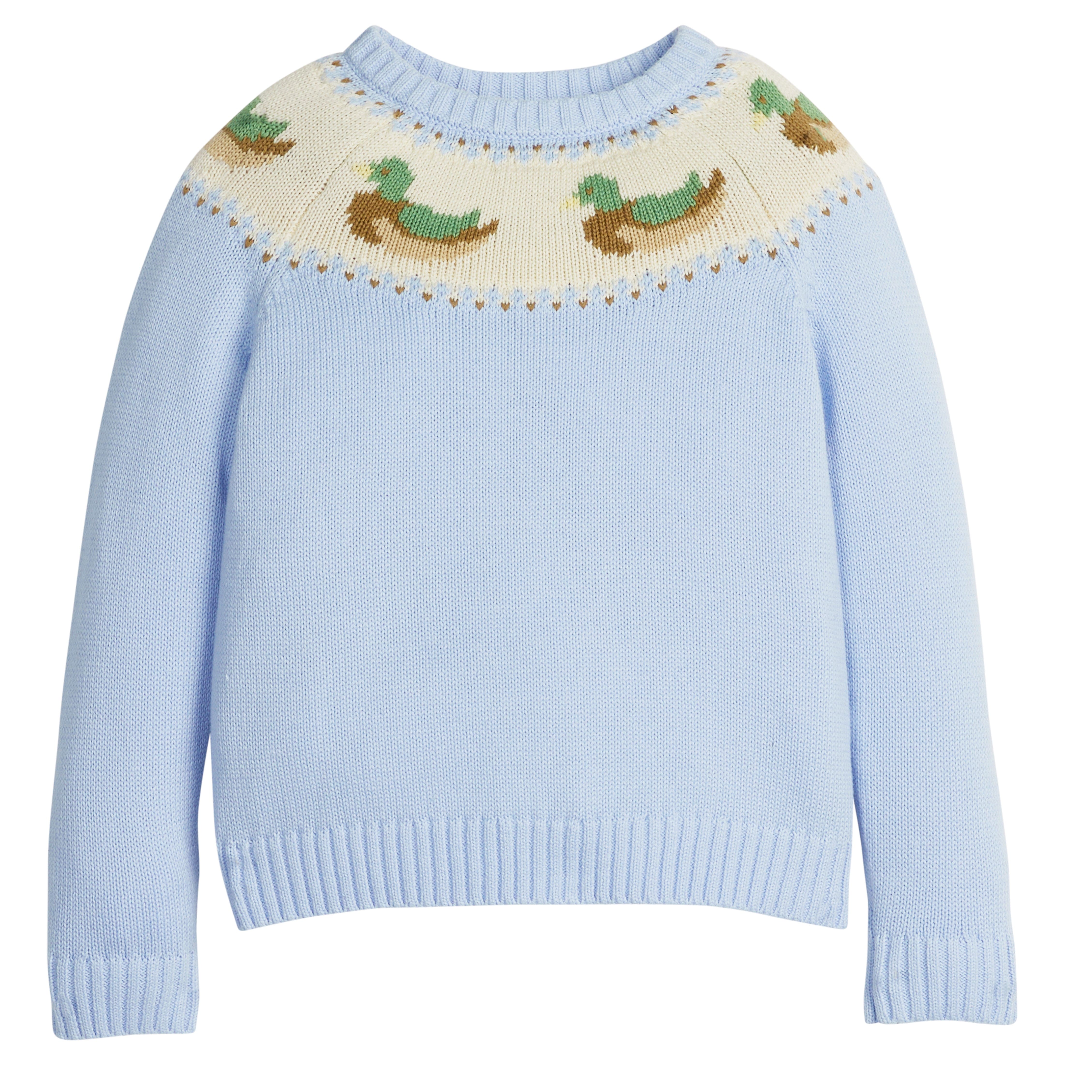 little english classic children's clothing light blue fair isle sweater with mallards along neck for boys for fall 