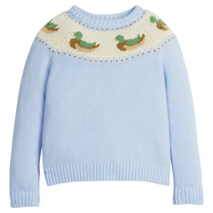 little english classic children's clothing light blue fair isle sweater with mallards along neck for boys for fall 