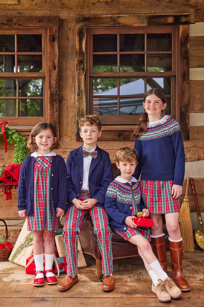 Little English traditional children's clothing, Highlands Fair Isle cardigan in navy with wooden buttons down the center, for little boy 