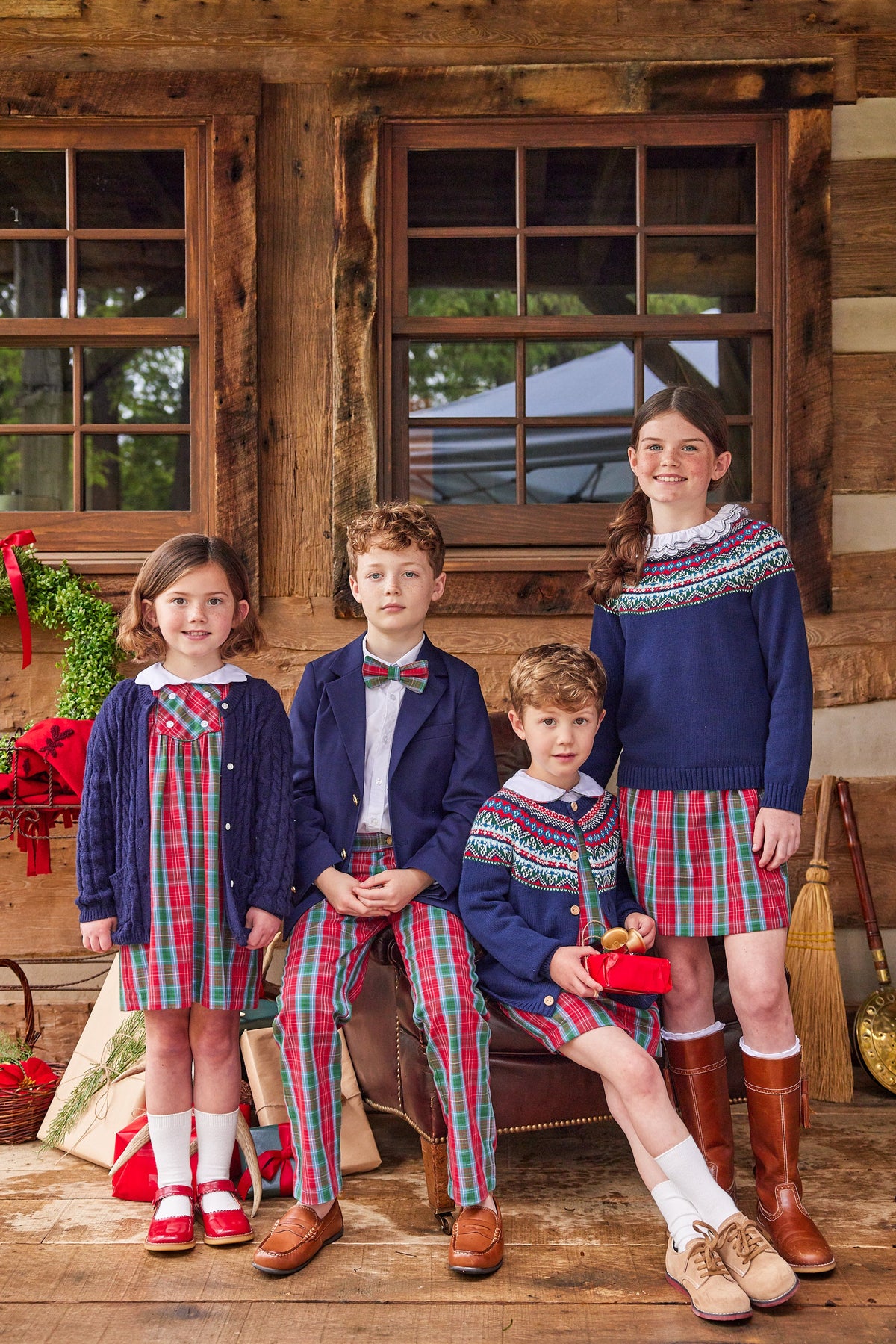 Little English traditional children's clothing, Highlands Fair Isle cardigan in navy with wooden buttons down the center, for little boy 