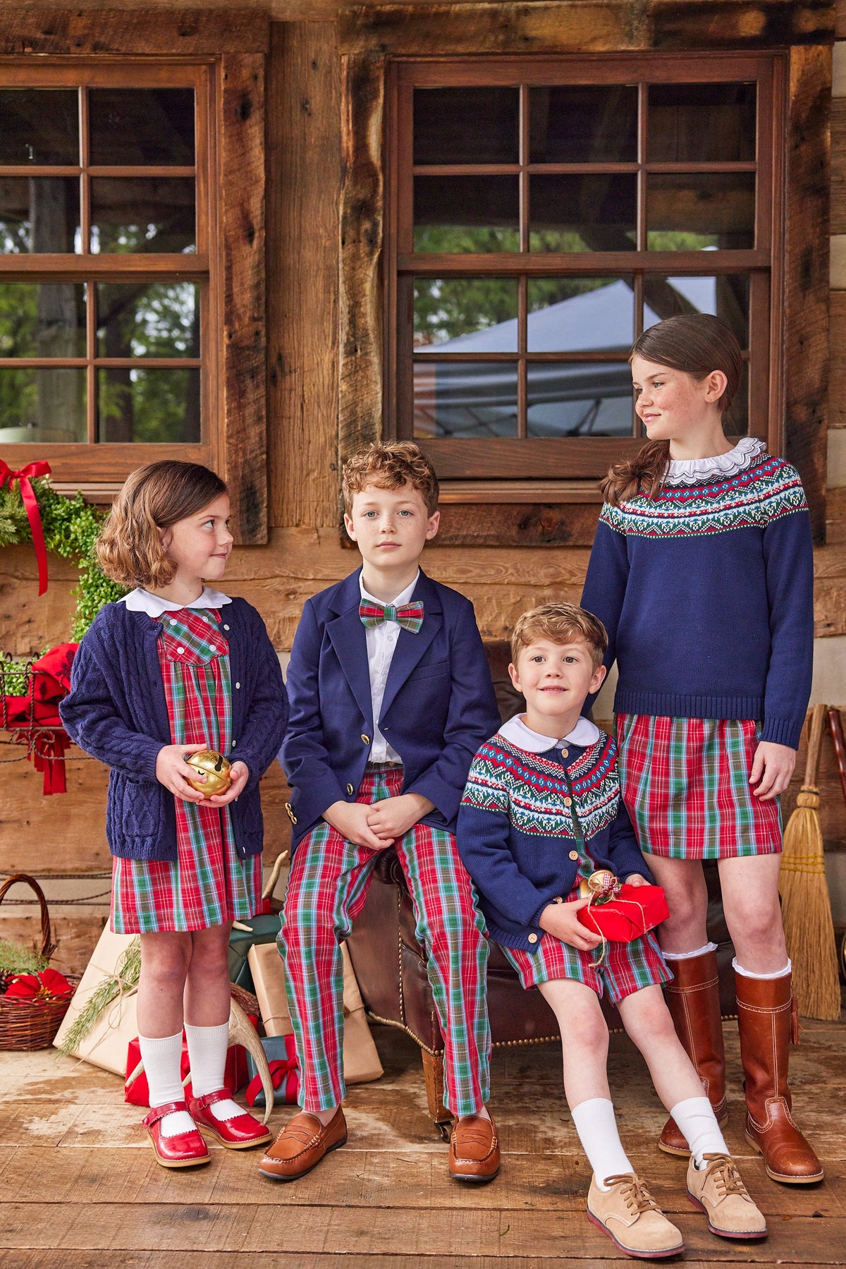 Little English traditional children's clothing, Highlands Fair Isle cardigan in navy with wooden buttons down the center, for little boy 