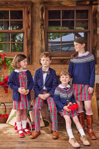 Little English traditional children's clothing, Highlands Fair Isle cardigan in navy with wooden buttons down the center, for little boy 