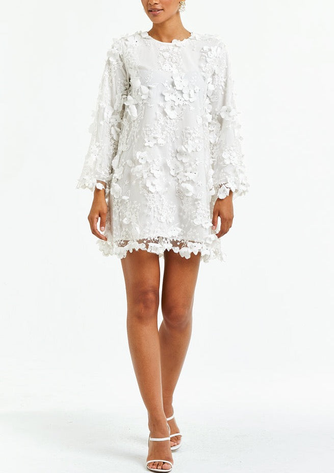 A-line mini dress crafted in white floral 3D lace