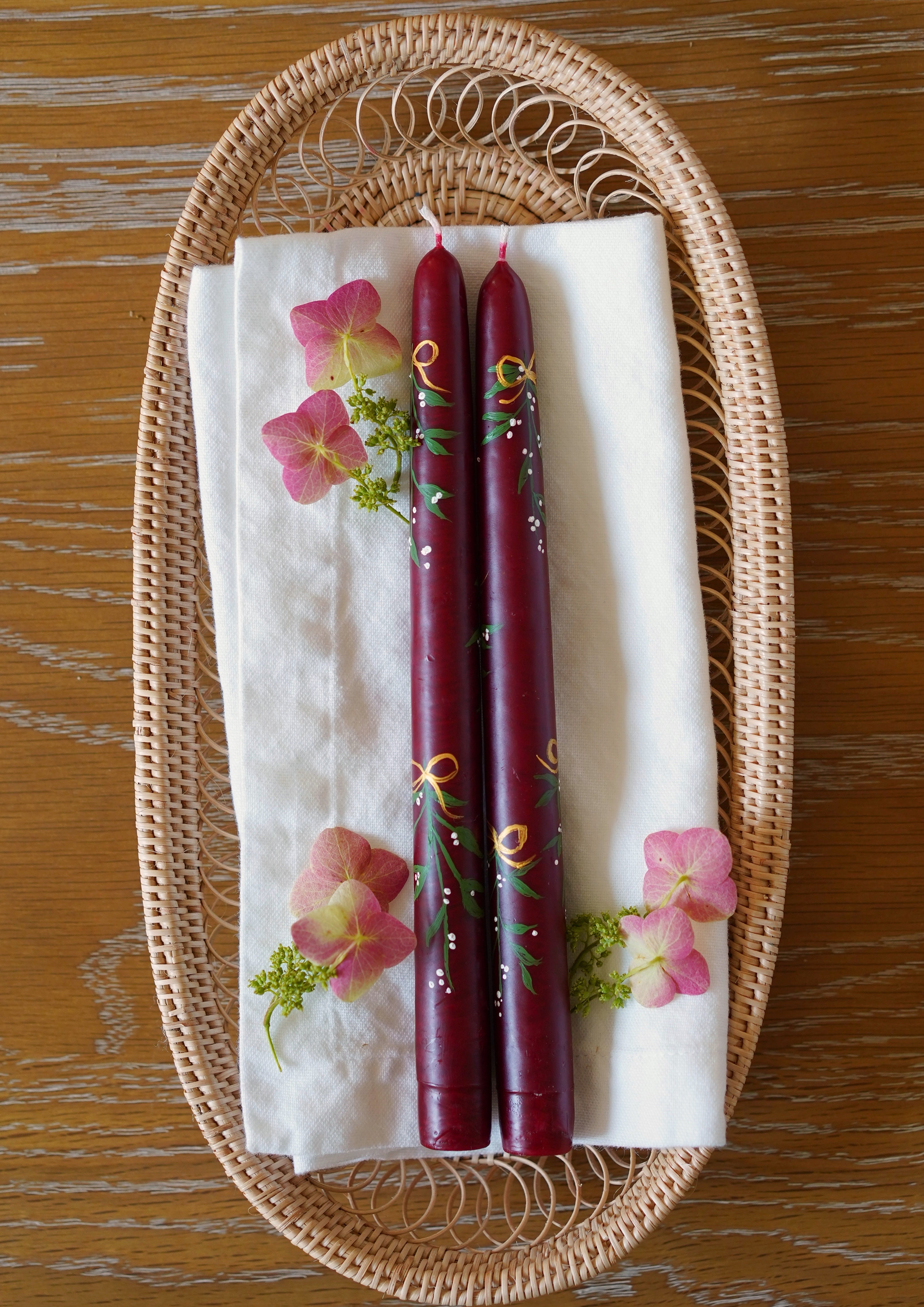 OTM Exclusive: Red and Gold Carnation Taper Candles, Set of Two