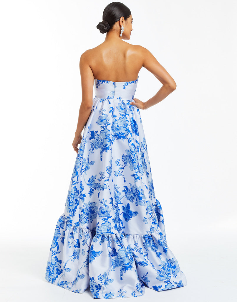 Blue an white chinoiserie print strapless high low gown with pockets